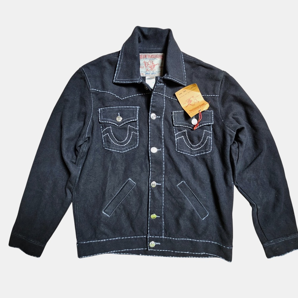 True Religion Jimmy Super T Trucker Denim Jean Jacket M Contrast Stitch Edgy NWT